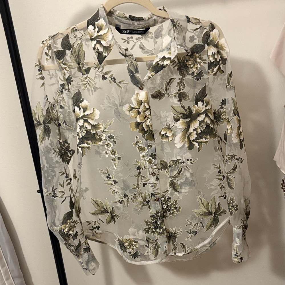 Zara Sheer Floral Blouse - Cream and Olive